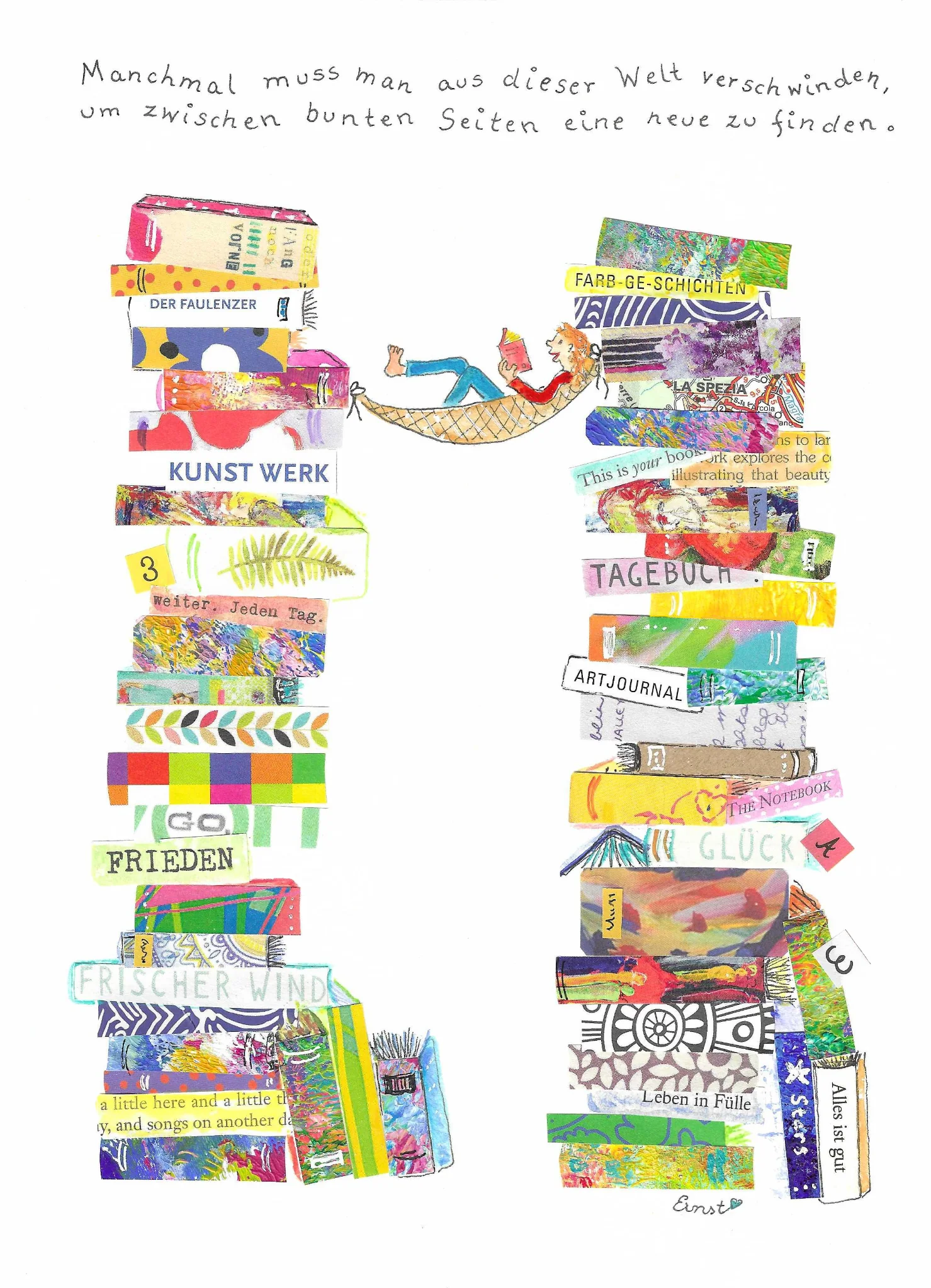 Bücherturm – Collage von Andrea Ernst